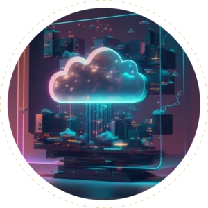 Ilustração de nuvem digital com múltiplas conexões e dados, representando escalabilidade e performance em plataforma cloud
