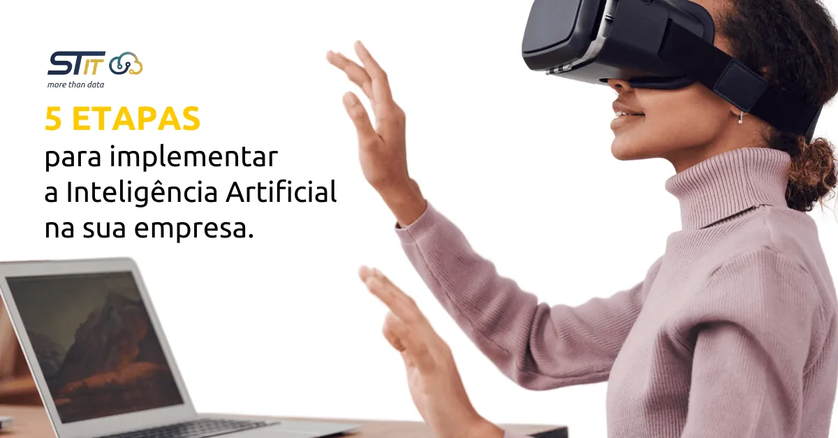 Representação visual das etapas para implementar a Inteligência Artificial em empresas, com foco em dados, estratégia e tecnologia