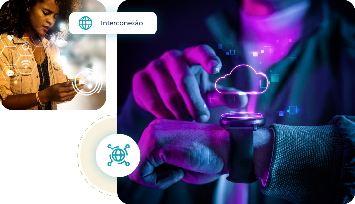 Pessoa interagindo com smartwatch conectado à nuvem, representando integração de dados em IoT.