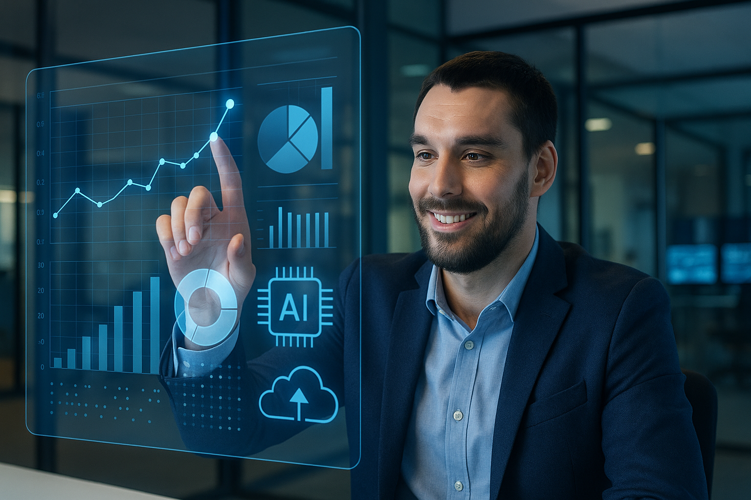 Profissional utilizando painel de automação de dados com gráficos e inteligência artificial em ambiente corporativo