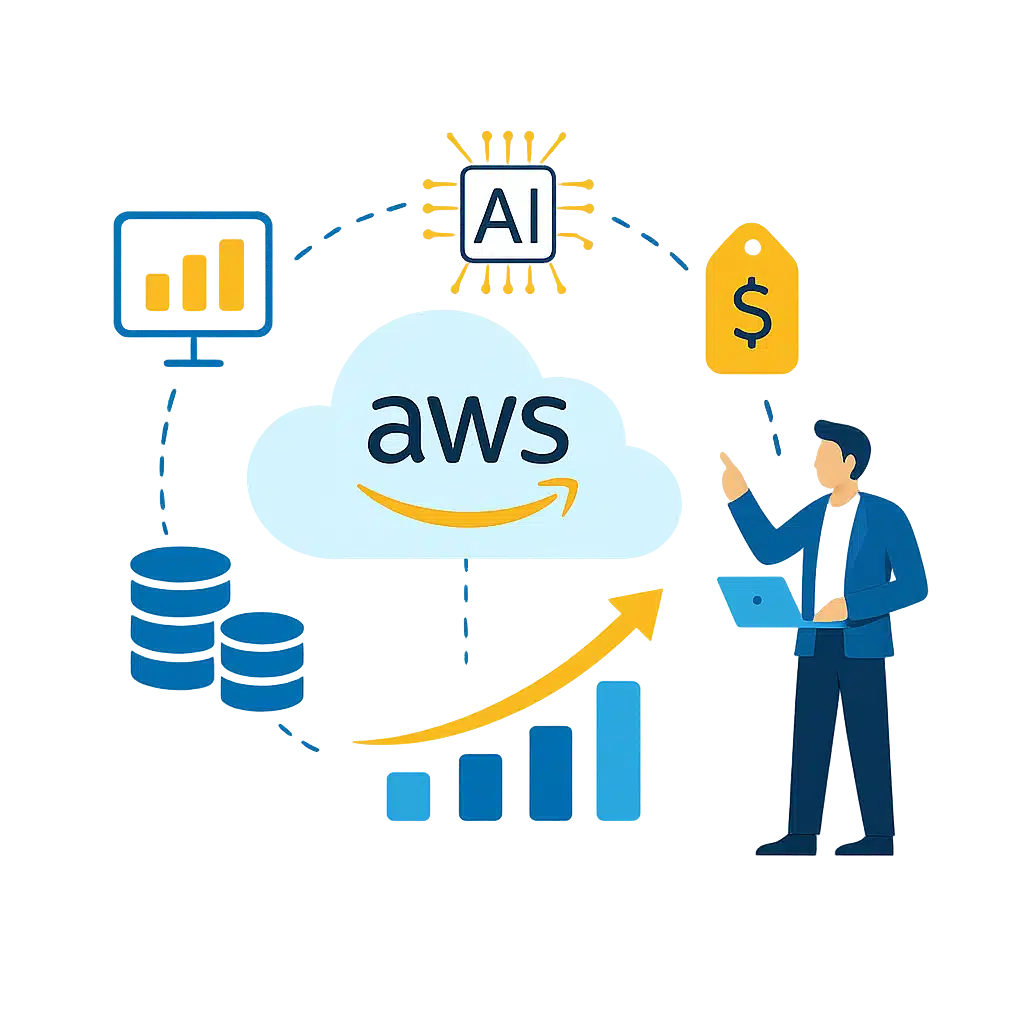Ilustração sobre incentivos AWS para migração de dados, IA e nuvem
