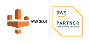 Badge de AWS Glue e selo de parceiro oficial da AWS, com marca da ST IT Cloud ao fundo.