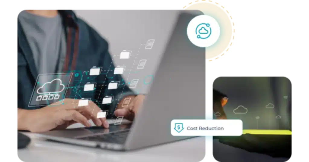 Pessoa digitando em um notebook com ícones de nuvem e pastas flutuando, ilustrando redução de custos e integração de dados em um Data Lake Serverless com Cloud Laker.